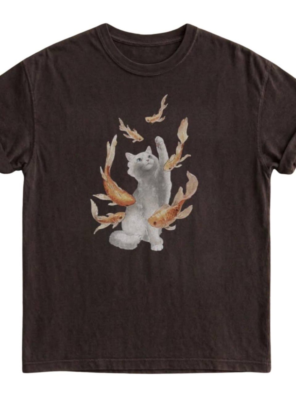 Gildan Dark Chocolate Tee with Gray Cat and Orange Koi Graphic